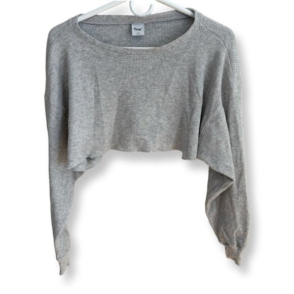 Aritzia TNA Long Sleeve Cropped Waffle Knit Top in Gray Size XXS - Picture 1 of 11